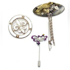 Vintage Mardi Gras Mask Fleur de Lis Brooch Scarf Pin Set